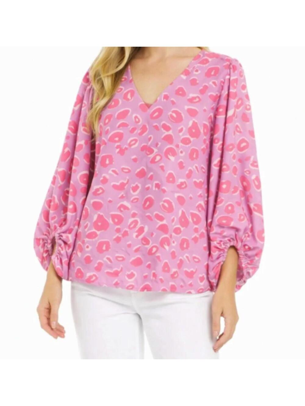NWT Adrienne Pink Leopard Print Puff Sleeve Blouse - L